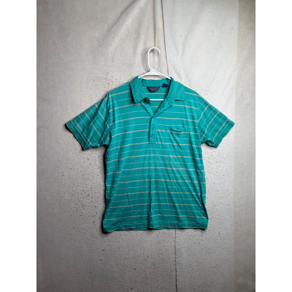 Nature Knit Manhattan Mens Large Teal Green Striped Short Sleeve Polo Shirt